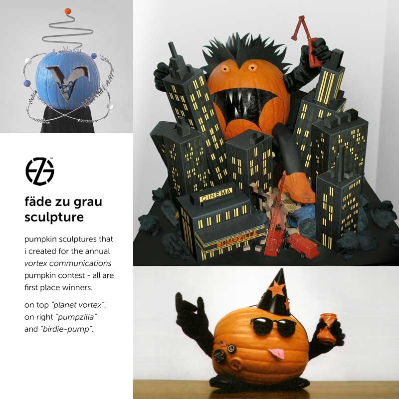 pumpkin sculptures made by artist fade zu grau for an annual pumpkin contest
