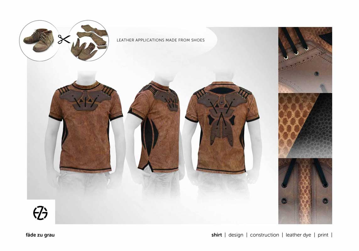 fashion model presents t-shirt with leather applications