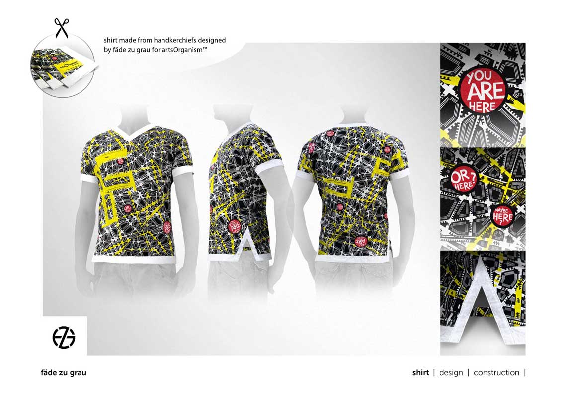 fashion model presents t-shirt with fictitious street map fabric