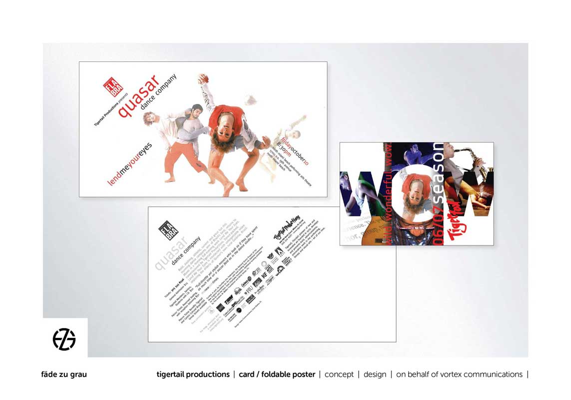 graphic design card and folded poster for quasar dance company