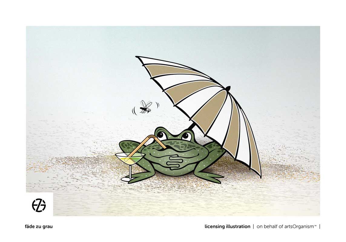 graphic design drawing of cartoon-like frog with umbrella