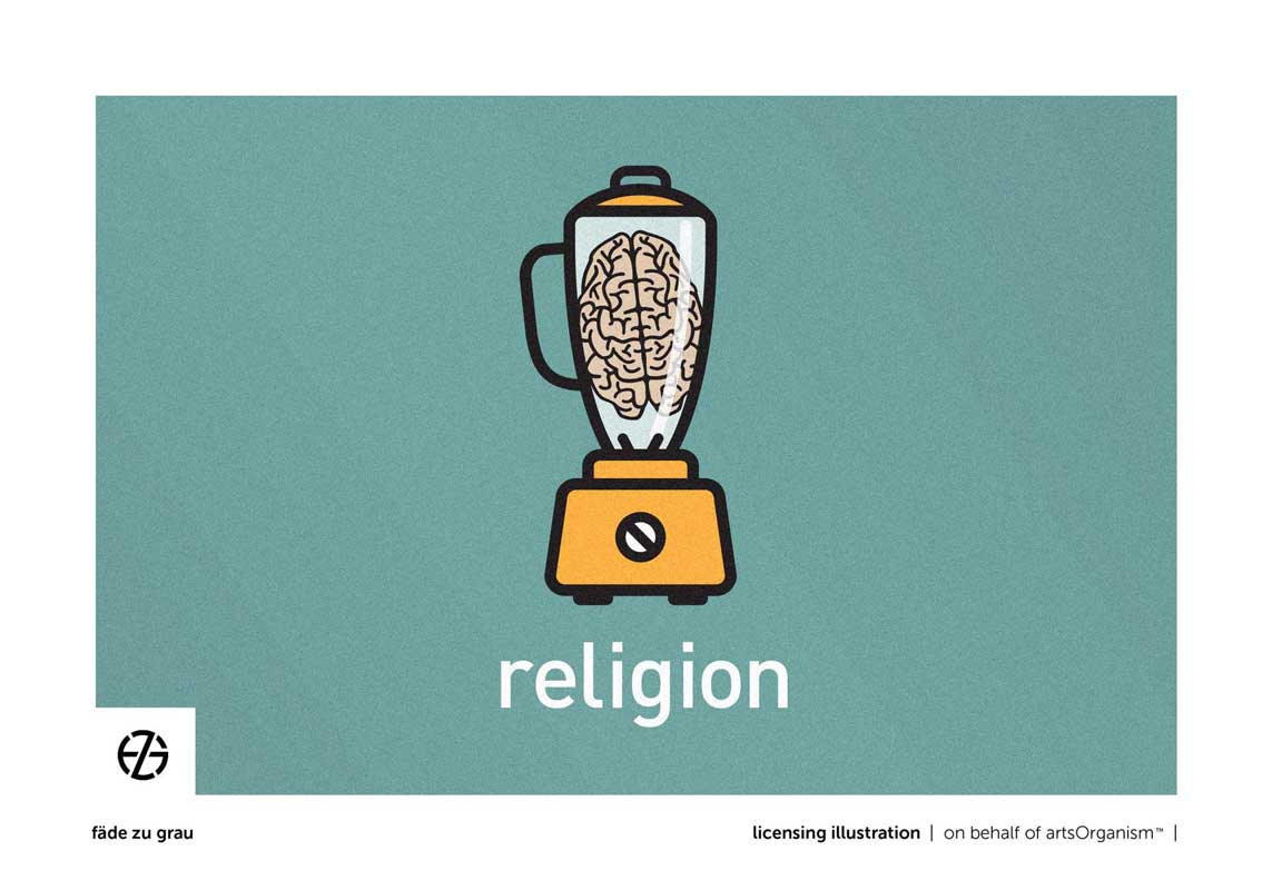 graphic design drawing of a brain in a mixer with the word "religion" below it