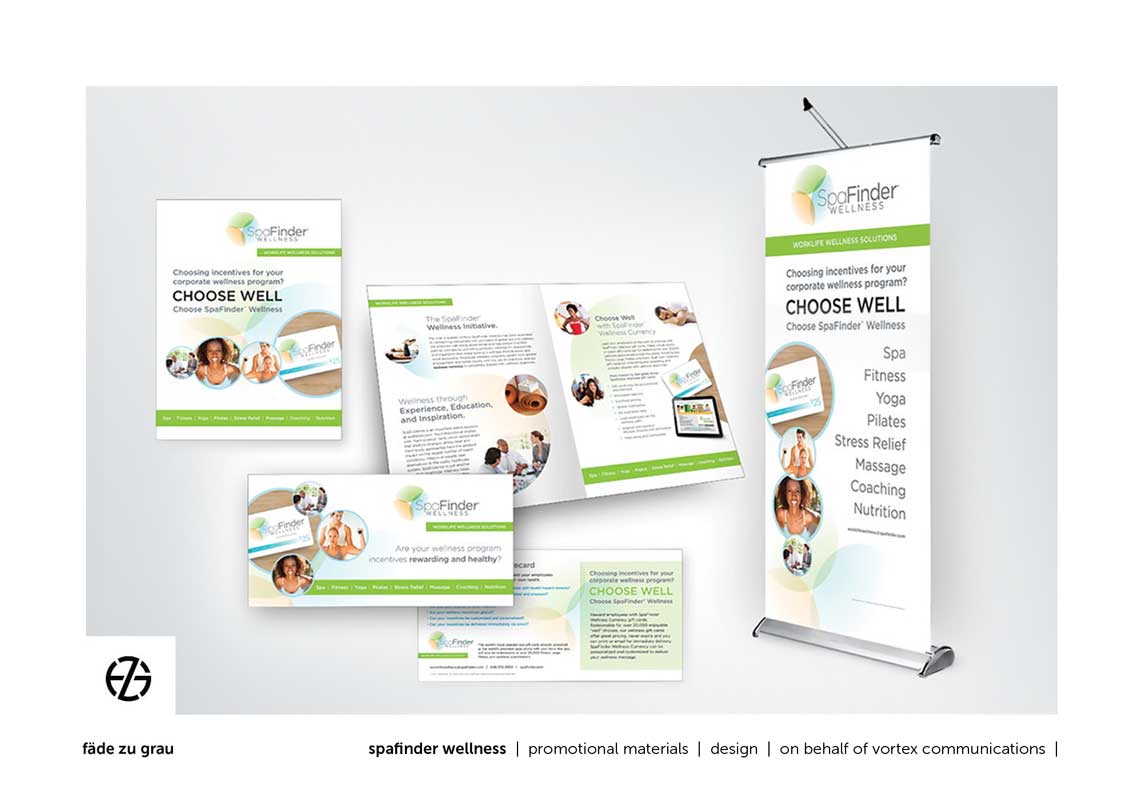 graphic design brochure, card and standing poster for spafinder