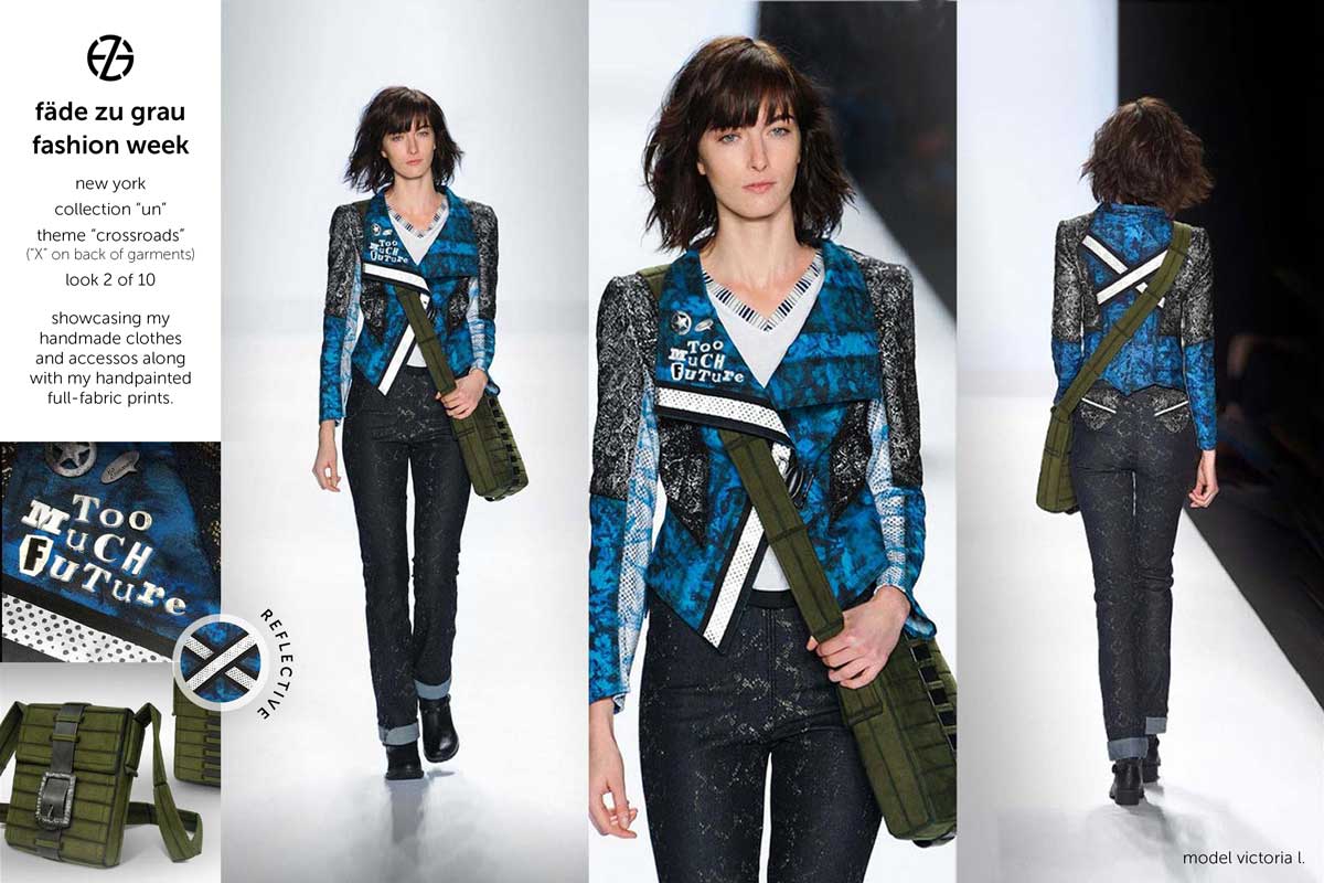 female model on runway at new york fashion week wearing clothes by artist fade zu grau