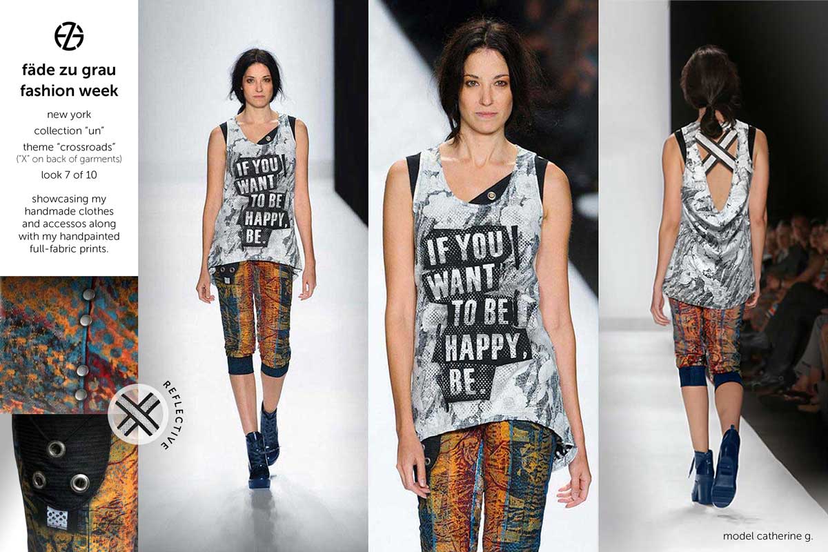 female model on runway at new york fashion week wearing clothes by artist fade zu grau