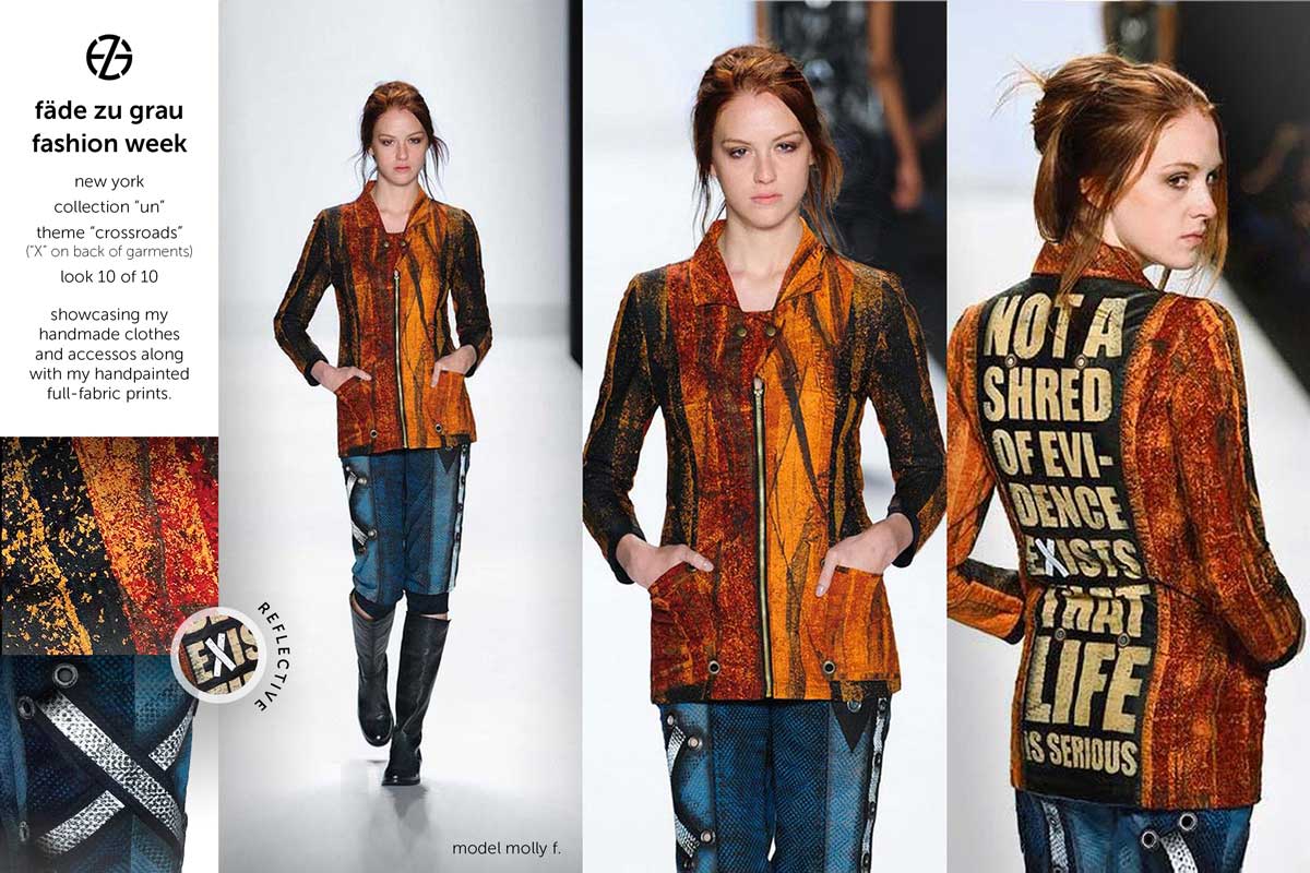 female model on runway at new york fashion week wearing jacket by artist fade zu grau